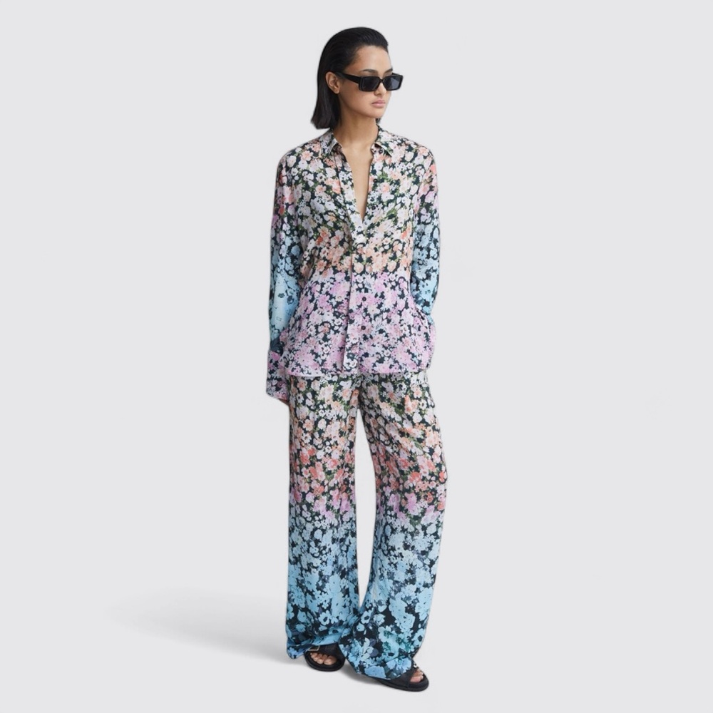 REISS SERENA FLORAL PRINT WIDE LEG TROUSERS IN MULTI OMBRÉ FLORAL, NWT, 6